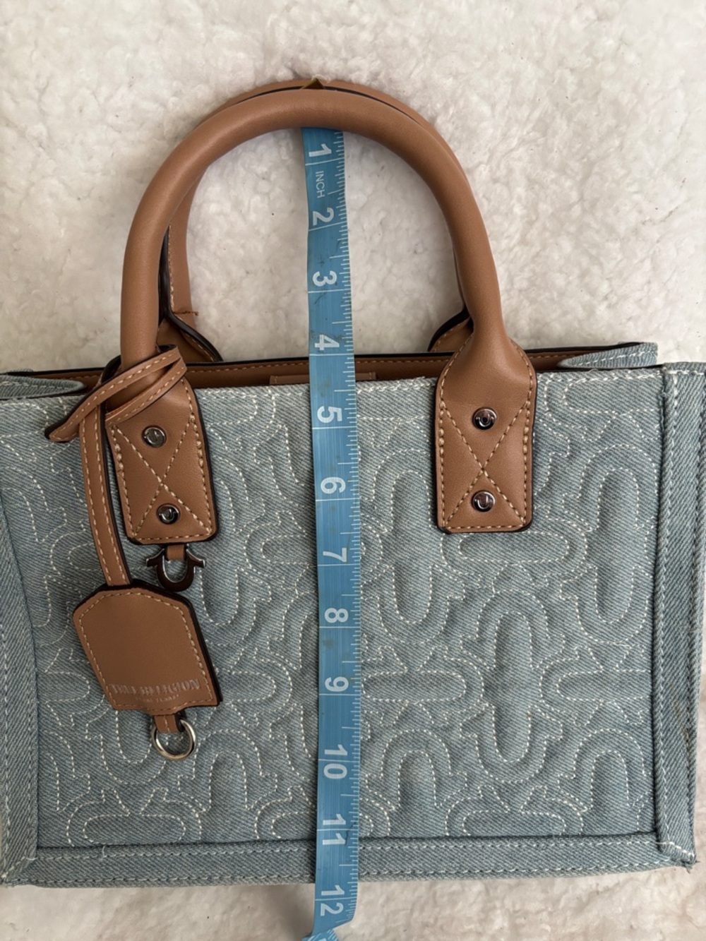 True Religion Light Blue Quilted Tote Bag with Tan Trim - Picture 9 of 11